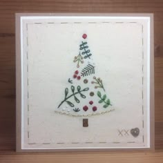 Made to order Folk Art Fir Tree hand embroidere... - Folksy Fabric Christmas Cards, Simple Christmas Cards, Fabric Postcards, Fabric Cards, Christmas Card Art, Homemade Christmas Cards, Christmas Card Crafts, Paper Embroidery, Art Tree