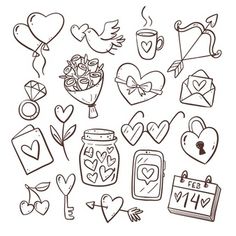 hand drawn valentine's day doodles with hearts, flowers and other things to draw