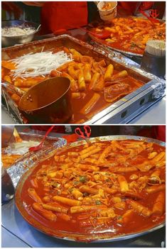 two pictures of different types of food being cooked in pans and on serving trays