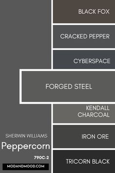 the names of different types of black and gray paint colors, including dark greys, white