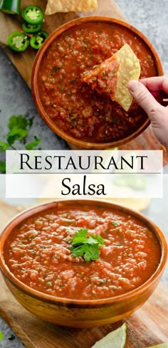 a bowl filled with salsa and tortilla chips next to the words restaurant style homemade salsa