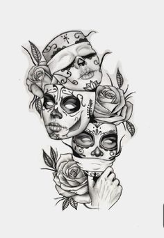 a drawing of two skulls with roses on their head and one skull in the middle