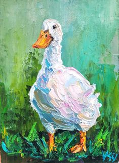 a painting of a white duck standing in the grass on a green and blue background