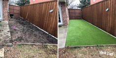 before and after photos of an artificial lawn being installed in a back yard with wood fence