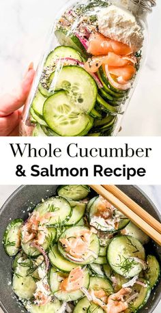 a bowl filled with cucumber and salmon