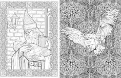 two coloring pages with an image of a wizard and a bird