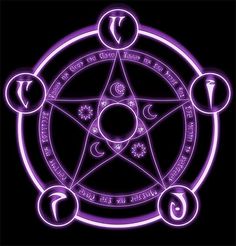 a purple pentagram surrounded by eight planets