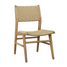 a wooden chair with woven seat padding on the back and arm rests against a white background