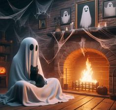 a cat sitting in front of a fireplace with ghost decorations