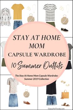 The Stay At Home Mom Summer 2019 Capsule Wardrobe Preview 10 Outfits - Classy Yet Trendy - All casual clothes for your closet includes a tee, striped t-shirt, tank, tie front top, kimono, pants, jeans, shorts, skirt, slide sandals, huarache sandals and sneakers. #stayathomemom #casualwardrobe #capsulewardrobe #summerstyle #summerfashion #outfitoftheday Mom Capsule Wardrobe, Classy Yet Trendy, Look Office, Summer Outfits For Moms, Minimalist Capsule Wardrobe, Wardrobe Planning, Spring Capsule Wardrobe, Summer Capsule Wardrobe, Easy Style