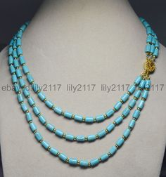 Aa 3 Rows Natural 6X9Mm Blue Turquoise Barrel Gems Beads Necklaces 18-20" Cheap Blue Beaded Necklaces With Colorful Beads, Luxury Single Strand Beaded Necklace With Round Beads, Cheap Single Strand Turquoise Necklace With Round Beads, Cheap Adjustable Turquoise Beaded Necklace, Cheap Blue Single Strand Turquoise Necklace, Handmade Beaded Necklaces Design, Seed Bead Necklaces, Necklaces Beaded, Beads Craft Jewelry