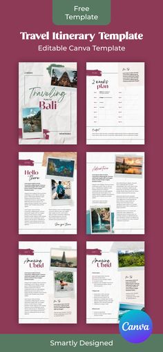 the travel brochure template is shown in purple and green colors, with an image of