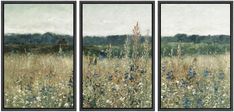 three paintings of grass and wildflowers in the foreground, with trees in the background