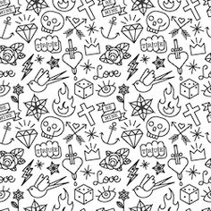 black and white seamless pattern with skulls, hearts, stars and other symbols on a white background