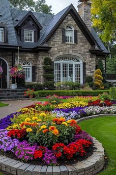 a flower garden in front of a house