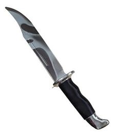 a knife that is on top of a white surface with a black handle and blade