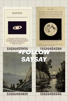 four different pictures with the words follow sayy on them and an image of saturn