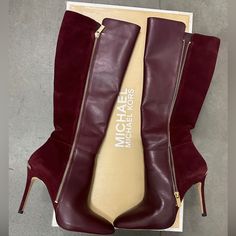 Mk Stilettos Boots Leather Merlot Color Great Conditions Normal Wear 4”Heel Wine Heels, Fendi Boots, Black Knee Boots, Merlot Color, Cute Shoes Heels, Shoe Wishlist, Girls Heels, Army Jacket, Cute Heels