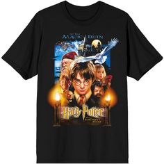 a black t - shirt with the image of harry potter and his friends on it