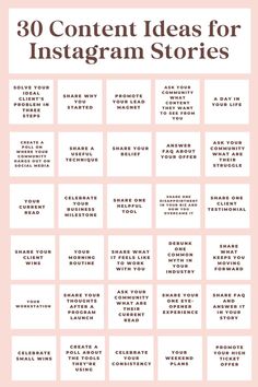 the 30 content ideas for instagramn stories are shown in pink, white and black