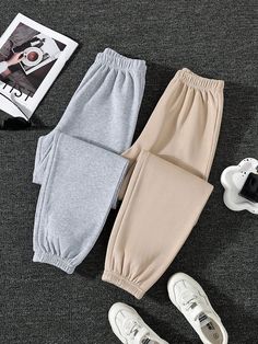 Tween Girl Casual Elastic Waist Sweatpants 2pcs Apricot    Fabric Plain  Non-Stretch  Tween Girls Clothing, size features are:Bust: ,Length: ,Sleeve Length: