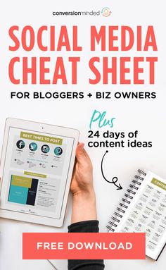 a person holding a tablet with the text social media cheat sheet for bloggers and biz owners plus 24 days of content ideas