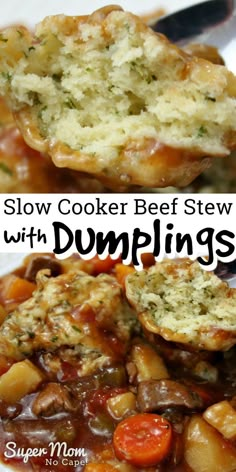 slow cooker beef stew with dumplings is an easy and delicious dinner that's ready in under 30 minutes