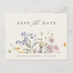 save the date card with wildflowers and daisies in pastel colors on a white background