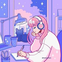 a woman with headphones on writing in front of a window