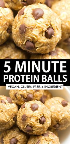 5 minute protein balls stacked on top of each other with chocolate chips in the middle