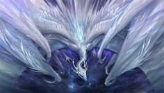 two white dragon like creatures with wings on their backs, surrounded by blue and purple hues