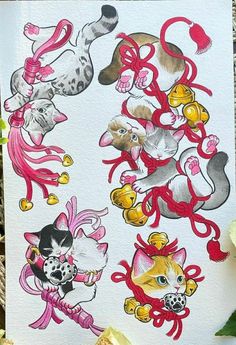 an image of cats and dogs in different colors on white paper with flowers around them