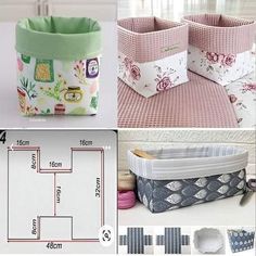 four different types of storage baskets with measurements