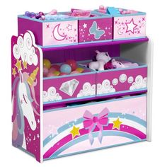 a pink toy chest with unicorns and stars on it