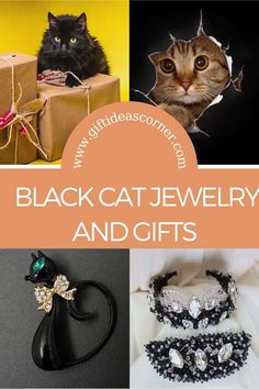 black cat jewelry and gifts are featured in this collage