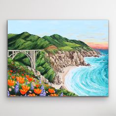 a painting of a bridge over the ocean with flowers in front of it and an orange flower on the ground