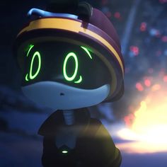 an animated character wearing a helmet with glowing eyes