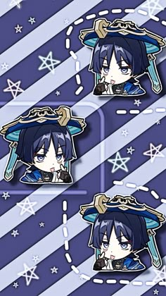 some anime character stickers on a blue and white striped background