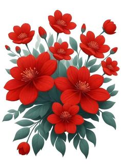 a bouquet of red flowers with green leaves