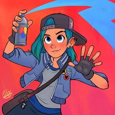 a drawing of a woman holding a spray bottle in one hand and wearing a baseball cap on the other