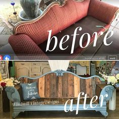 before and after photos of an old couch that has been repurposed into a bench