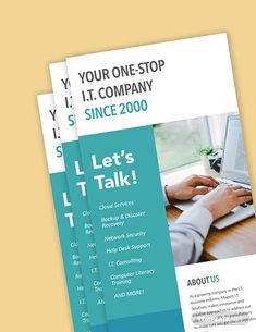 three brochures with the words let's talk about us and an image of a person typing on a laptop