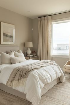 a bedroom with a large bed and two chairs in front of a window that overlooks the ocean