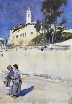 a painting of two people standing in front of a white building with a clock tower