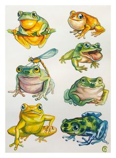 a group of frogs sitting next to each other on top of a white sheet with watercolor