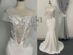 the back and side of a white wedding dress with sheer lace on it, next to a mannequin