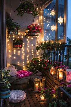 an outdoor porch decorated with lights and potted plants