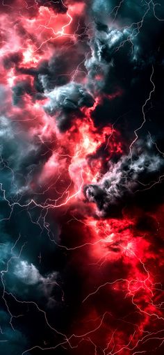 the sky is filled with red, white and blue lightnings as well as dark clouds