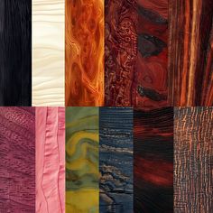 many different colors of fabric are shown in this collage, including red, orange, yellow and black