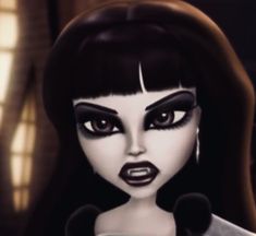 an animated image of a woman with black hair and white make - up on her face